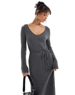 Pretty Lavish Tie Knit Midaxi Dress In Charcoal For Women -Pretty Lavi Clothing Shop 206967015 2