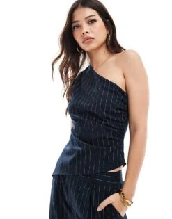 Pretty Lavish One Shoulder Ruched Top Co-ord In Navy Pinstripe For Women -Pretty Lavi Clothing Shop 206967042 1 navypinstripe 1