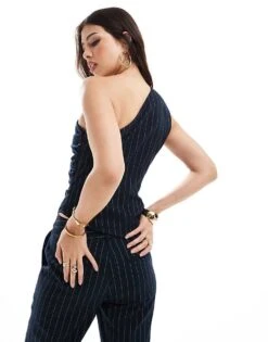 Pretty Lavish One Shoulder Ruched Top Co-ord In Navy Pinstripe For Women -Pretty Lavi Clothing Shop 206967042 4
