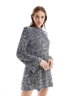 Pretty Lavish Cluster Sequin Mini Dress In Chrome For Women -Pretty Lavi Clothing Shop 206967074 1 chrome 1