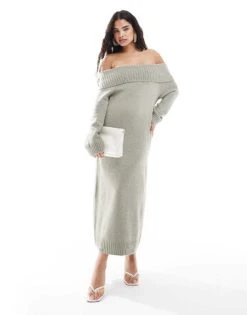 Pretty Lavish Chunky Knit Bardot Midaxi Dress In Sage For Women