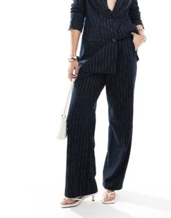 Pretty Lavish Slouchy Tailored Trouser Co-ord In Navy Pinstripe For Women