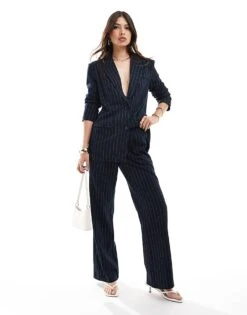 Pretty Lavish Slouchy Tailored Trouser Co-ord In Navy Pinstripe For Women -Pretty Lavi Clothing Shop 206967230 3