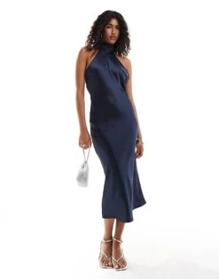 Pretty Lavish High Neck Satin Midi Dress In Navy For Women