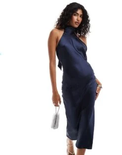 Pretty Lavish High Neck Satin Midi Dress In Navy For Women -Pretty Lavi Clothing Shop 206967243 3