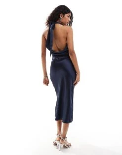 Pretty Lavish High Neck Satin Midi Dress In Navy For Women -Pretty Lavi Clothing Shop 206967243 4