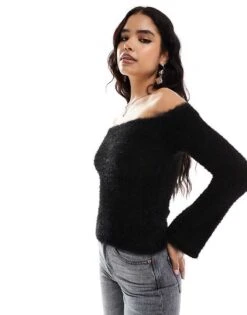 Pretty Lavish Knitted Bardot Top In Black For Women