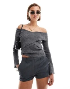 Pretty Lavish Cross Over Knit Top In Dark Grey For Women -Pretty Lavi Clothing Shop 206970152 1 darkgrey 1