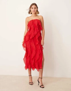Pretty Lavish Strapless Ruffle Maxi Dress In Red For Women
