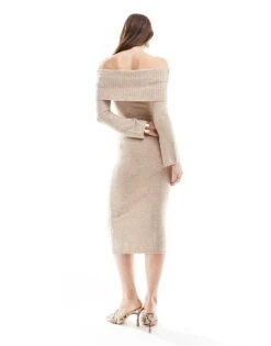 Pretty Lavish Soreya Bardot Maxi Knit Dress In Beige Marl For Women -Pretty Lavi Clothing Shop 207047439 3