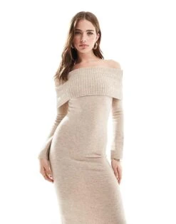 Pretty Lavish Soreya Bardot Maxi Knit Dress In Beige Marl For Women -Pretty Lavi Clothing Shop 207047439 4