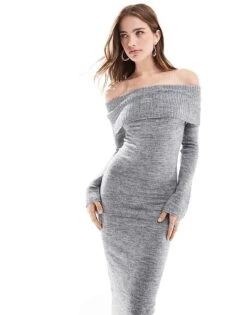 Pretty Lavish Soreya Bardot Maxi Knit Dress In Grey For Women -Pretty Lavi Clothing Shop 207047440 1 grey 1