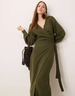 Pretty Lavish Beau Wrap Knit Midaxi Dress In Olive For Women -Pretty Lavi Clothing Shop 207184542 1 olive 1