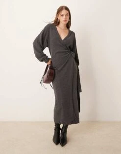 Pretty Lavish Beau Wrap Knit Midaxi Dress In Charcoal For Women -Pretty Lavi Clothing Shop 207184559 1 charcoal 1