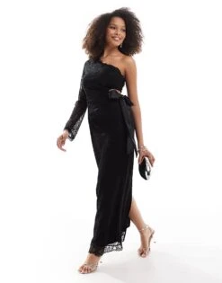 Pretty Lavish One Shoulder Lace Maxi Dress In Black For Women