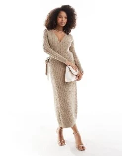Pretty Lavish Cable Knit Wrap Midaxi Dress In Taupe For Women