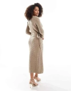 Pretty Lavish Cable Knit Wrap Midaxi Dress In Taupe For Women -Pretty Lavi Clothing Shop 207187036 3