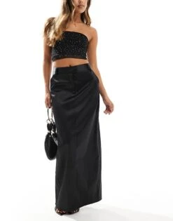 Pretty Lavish Satin Tailored Maxi Skirt In Black For Women