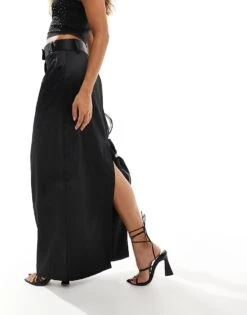 Pretty Lavish Satin Tailored Maxi Skirt In Black For Women -Pretty Lavi Clothing Shop 207187050 4