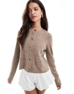 Pretty Lavish Knitted Button Detail Cardigan In Brown Marl For Women Brown Marle -Pretty Lavi Clothing Shop 207187063 1 brownmarle 1