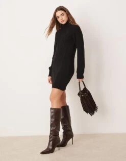 Pretty Lavish Roll Neck Cable Knitted Mini Dress In Black For Women -Pretty Lavi Clothing Shop 207187075 1 black 1
