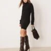 Pretty Lavish Roll Neck Cable Knitted Mini Dress In Black For Women