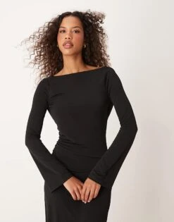 Pretty Lavish Bell Sleeve Slash Neck Maxi Dress In Black For Women -Pretty Lavi Clothing Shop 207187087 3