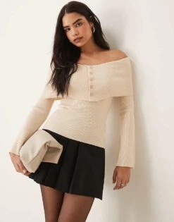 Pretty Lavish Button Front Bardot Knit Top In Oatmeal For Women -Pretty Lavi Clothing Shop 207187088 1 oatmeal 1