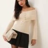 Pretty Lavish Button Front Bardot Knit Top In Oatmeal For Women -Pretty Lavi Clothing Shop 207187088 1 oatmeal