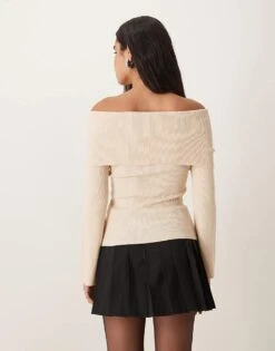 Pretty Lavish Button Front Bardot Knit Top In Oatmeal For Women -Pretty Lavi Clothing Shop 207187088 4