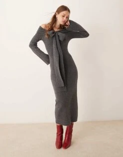 Pretty Lavish Bardot Bow Midaxi Knit Dress In Charcoal For Women -Pretty Lavi Clothing Shop 207187101 1 charcoal 1