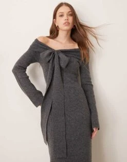 Pretty Lavish Bardot Bow Midaxi Knit Dress In Charcoal For Women -Pretty Lavi Clothing Shop 207187101 3