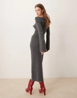 Pretty Lavish Bardot Bow Midaxi Knit Dress In Charcoal For Women -Pretty Lavi Clothing Shop 207187101 4