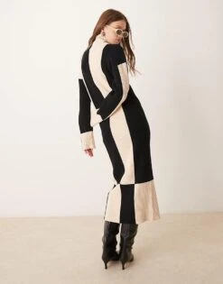 Pretty Lavish Knitted High Neck Maxi Dress In Mono Stripe For Women Black -Pretty Lavi Clothing Shop 207187102 4