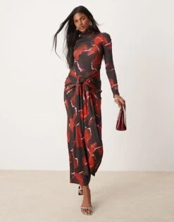 Pretty Lavish Tie Waist Roll Neck Maxi Dress In Red Abstract Print For Women Burgundy -Pretty Lavi Clothing Shop 207187113 1 burgundy 1