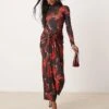 Pretty Lavish Tie Waist Roll Neck Maxi Dress In Red Abstract Print For Women Burgundy -Pretty Lavi Clothing Shop 207187113 1 burgundy