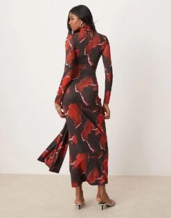 Pretty Lavish Tie Waist Roll Neck Maxi Dress In Red Abstract Print For Women Burgundy -Pretty Lavi Clothing Shop 207187113 2