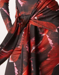 Pretty Lavish Tie Waist Roll Neck Maxi Dress In Red Abstract Print For Women Burgundy -Pretty Lavi Clothing Shop 207187113 3