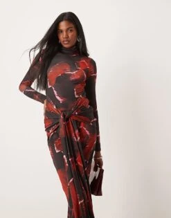 Pretty Lavish Tie Waist Roll Neck Maxi Dress In Red Abstract Print For Women Burgundy -Pretty Lavi Clothing Shop 207187113 4