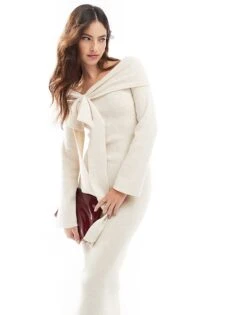 Pretty Lavish Bardot Bow Midaxi Knit Dress In Ecru For Women -Pretty Lavi Clothing Shop 207187114 4