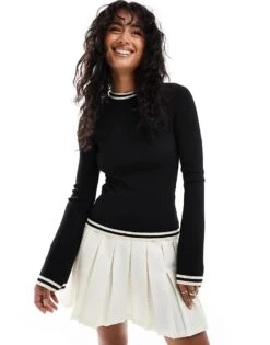 Pretty Lavish Contrast Knit Long Sleeve Top In Black And White For Women -Pretty Lavi Clothing Shop 207187144 1 black 1