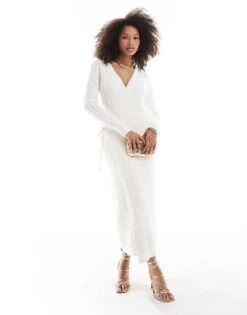 Pretty Lavish Cable Knit Wrap Midaxi Dress In Cream For Women -Pretty Lavi Clothing Shop 207187169 1 cream 1