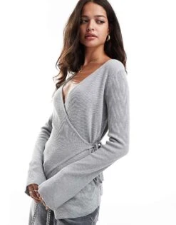 Pretty Lavish Wrap Knit Top In Grey For Women -Pretty Lavi Clothing Shop 207187181 1 grey 1