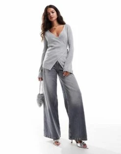 Pretty Lavish Wrap Knit Top In Grey For Women -Pretty Lavi Clothing Shop 207187181 3