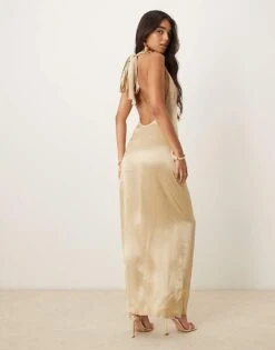 Pretty Lavish Tie Bow Ruched Maxi Dress In Gold For Women -Pretty Lavi Clothing Shop 207187193 1 gold 1