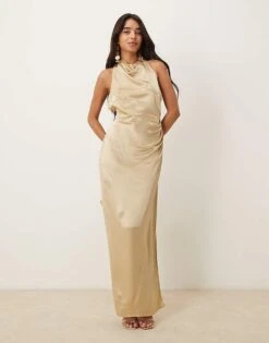 Pretty Lavish Tie Bow Ruched Maxi Dress In Gold For Women -Pretty Lavi Clothing Shop 207187193 3