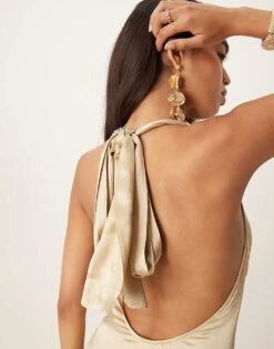 Pretty Lavish Tie Bow Ruched Maxi Dress In Gold For Women -Pretty Lavi Clothing Shop 207187193 4