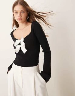 Pretty Lavish Knitted Bow Detail Top In Mono For Women Black -Pretty Lavi Clothing Shop 207187209 1 black 1