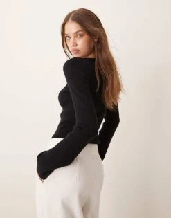 Pretty Lavish Knitted Bow Detail Top In Mono For Women Black -Pretty Lavi Clothing Shop 207187209 4