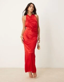Pretty Lavish Tie Bow Ruched Maxi Dress In Red For Women -Pretty Lavi Clothing Shop 207187215 3